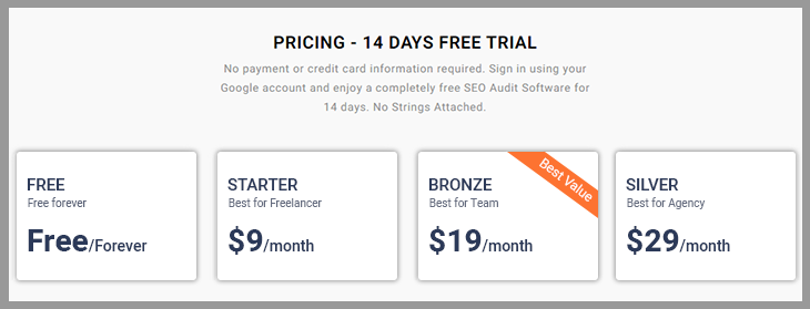 The SEO Audit Software Pricing section includes Started Plan, Bronze plan, and Sliver Plan