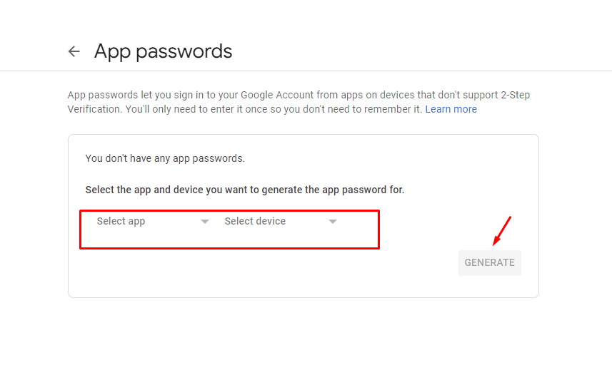 Generate app password for SMTP configuration