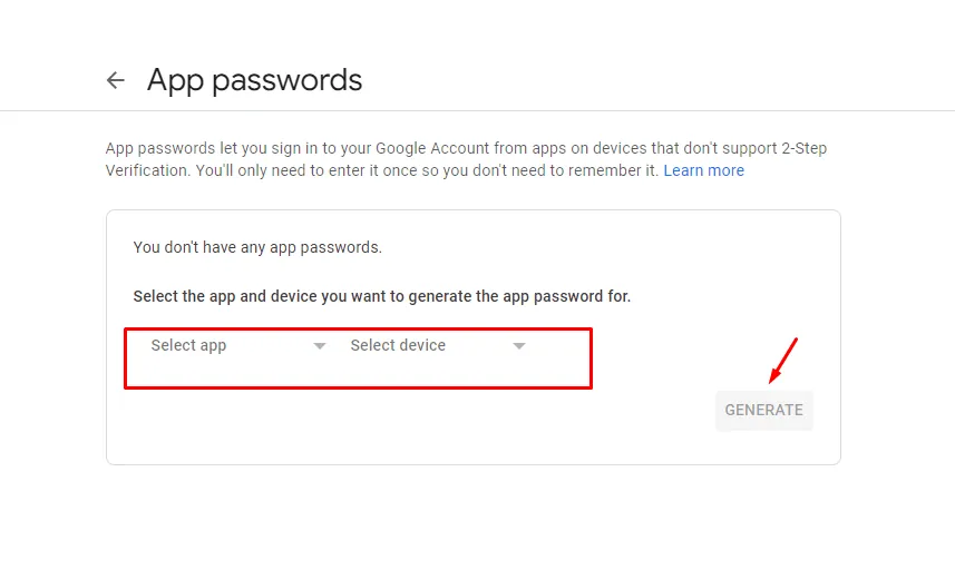 Generate app password for SMTP configuration