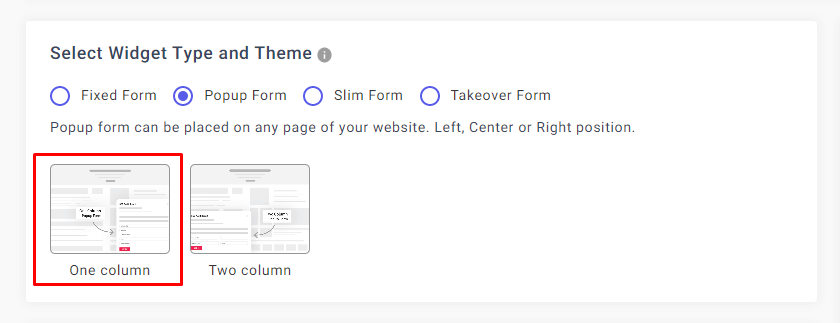 One column popup widget form