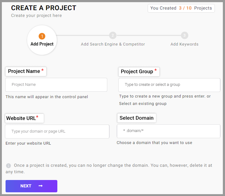  Add Project Name, Group, and URL for Keyword Tracking