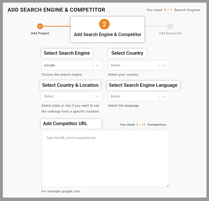  Select your preferred Search Engine, Country, Location, Language, and Add Competitors