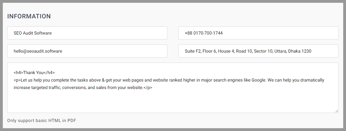  Customizing the Header Footer information through the report on SEO Audit Software