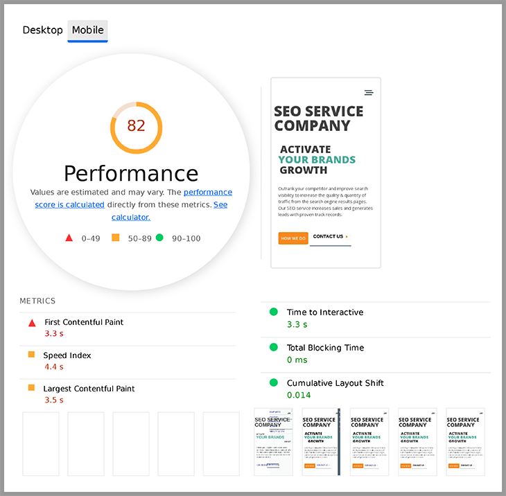 Pagespeed Analysis for Desktop Mobile on Advanced Audit Report