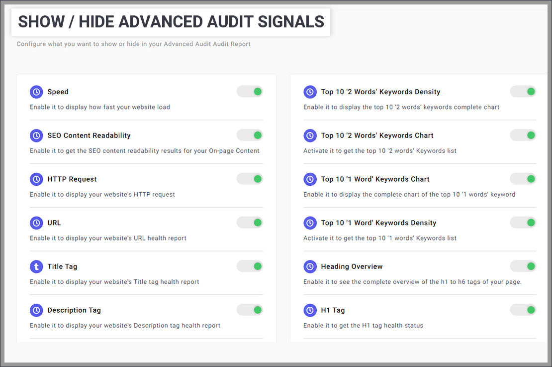  In the White-Label section, you can enable-disable signal on your reports at SEO Audit Software