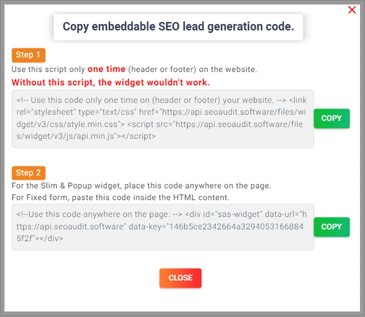 Copy embeddable SEO lead generation code and paste it anywhere on the website