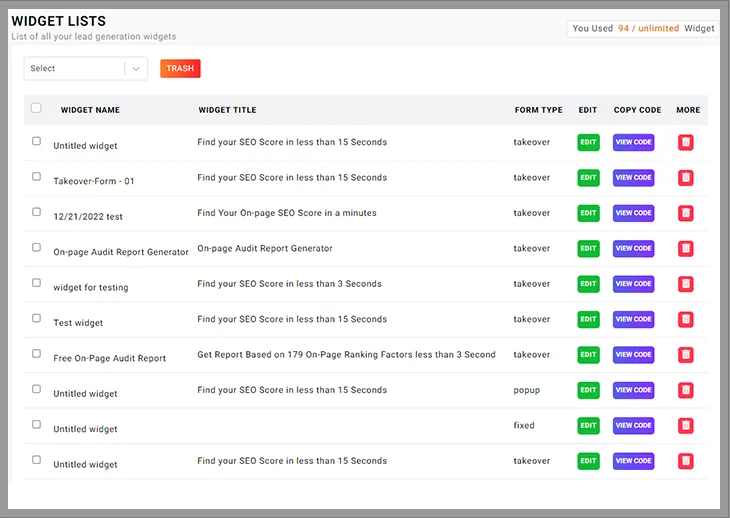  the list of all created widget forms and can edit or delete