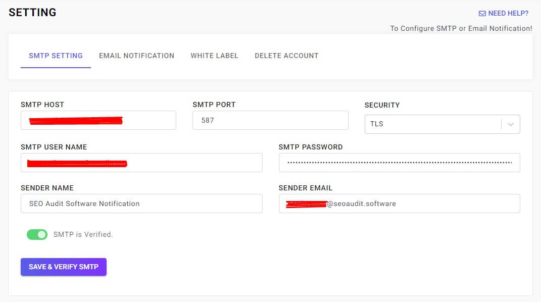 SEO Audit Software SMTP Settings