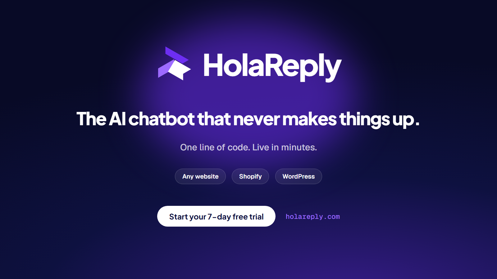 HolaReply logo with one line of code setup, three platforms and a 7-day free trial